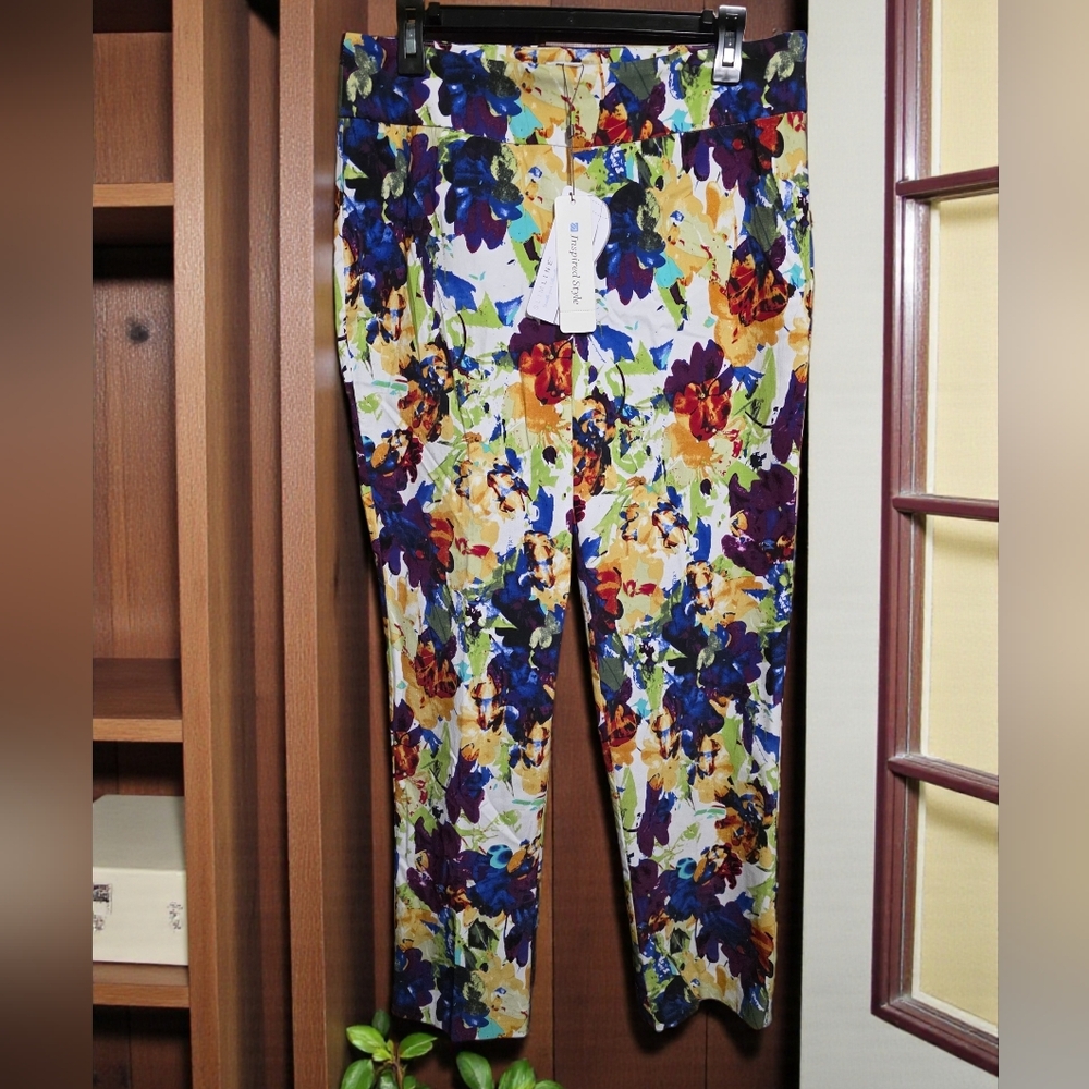 🆕️ Slimline Watercolour Slip-On Multi-Colour Floral Easywear Pants Sz 12